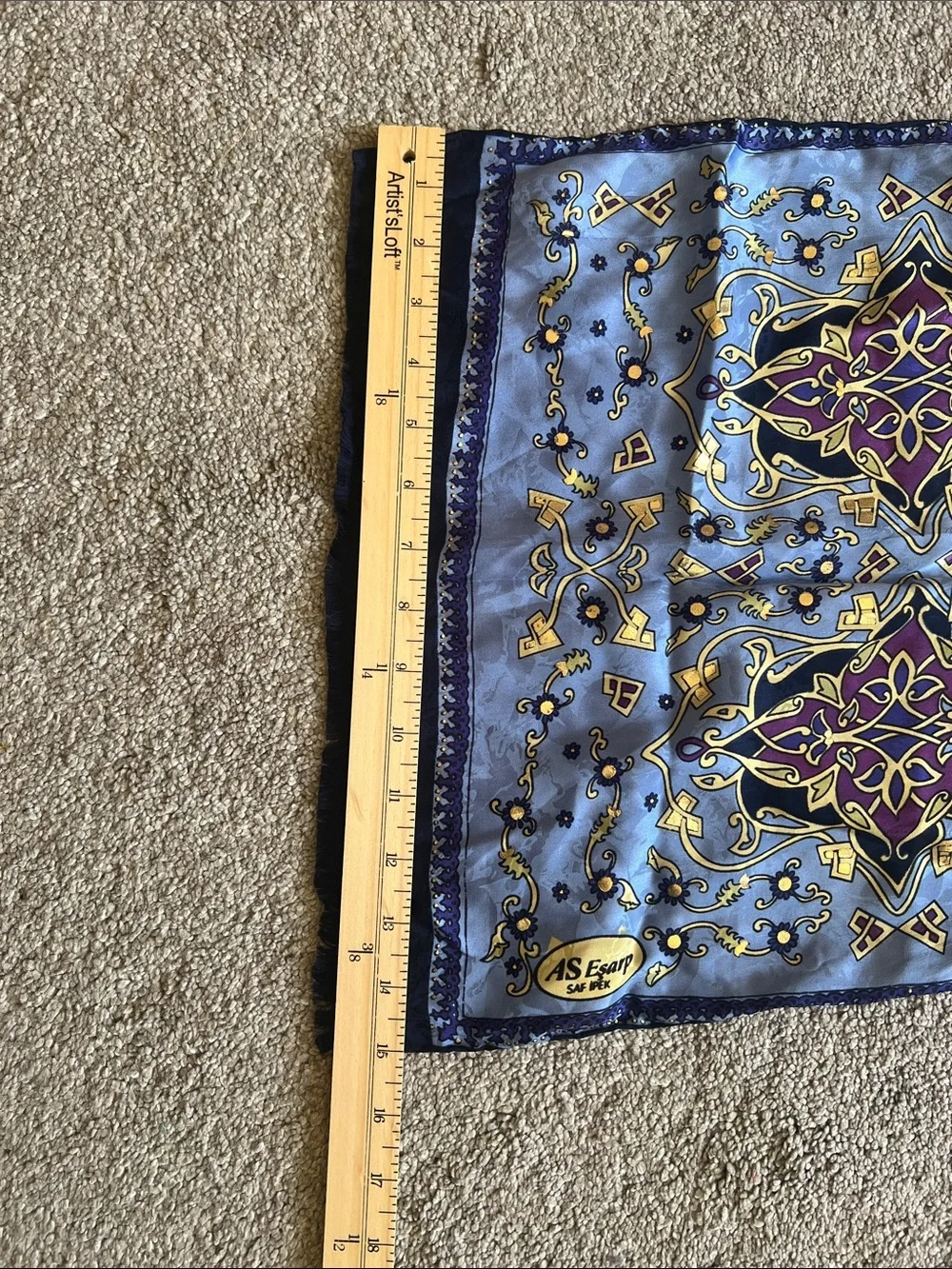 AS Esarp Saf Ipek Pure Silk Turkish Scarf Blue Purple Gold Fringe 52”